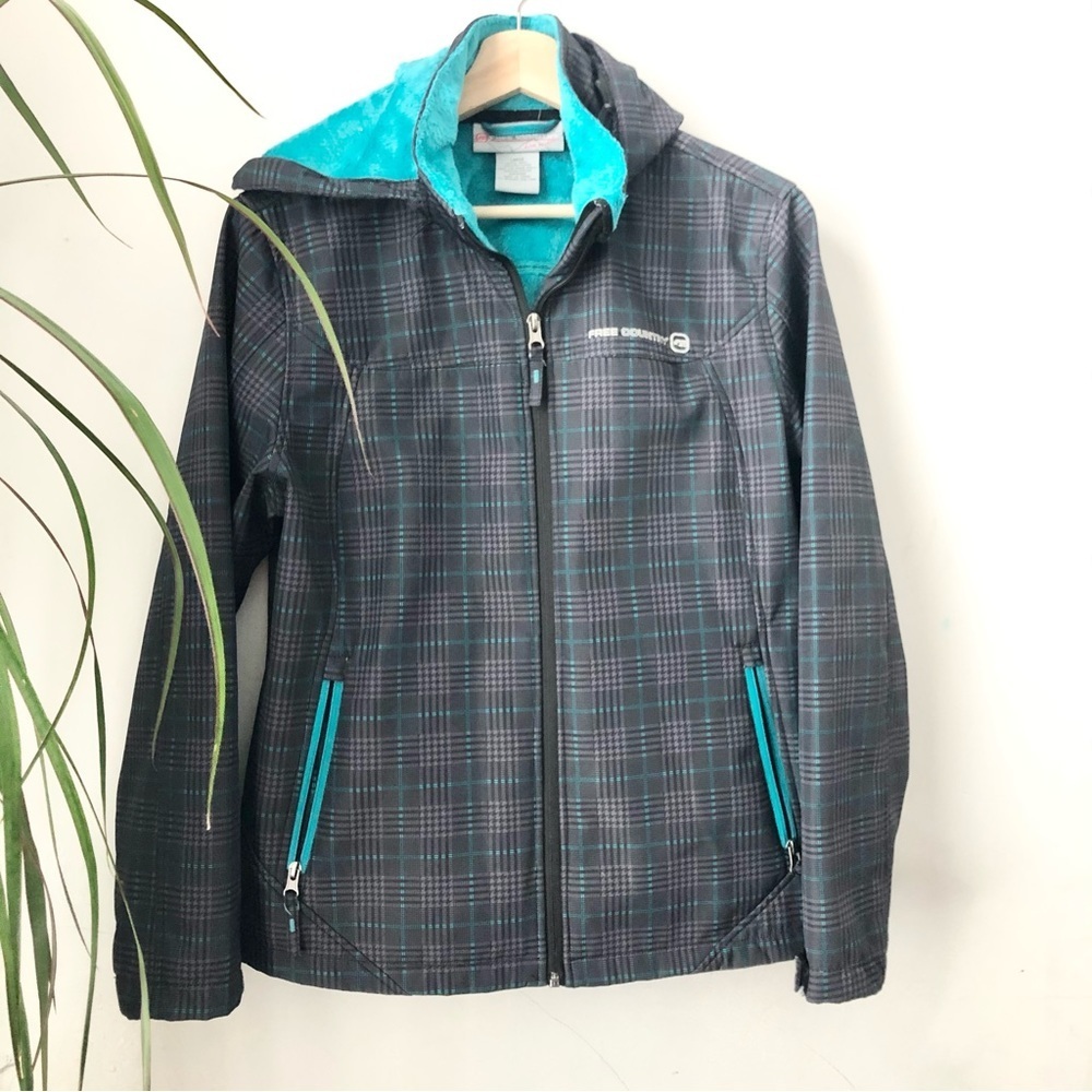 FREE COUNTRY Women’s Gray Turquoise Hooded Sherpa Lined Jacket Size L